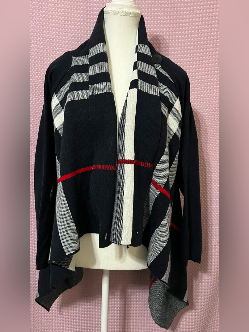 Open-Front Black Plaid Cardigan with Red Stripe